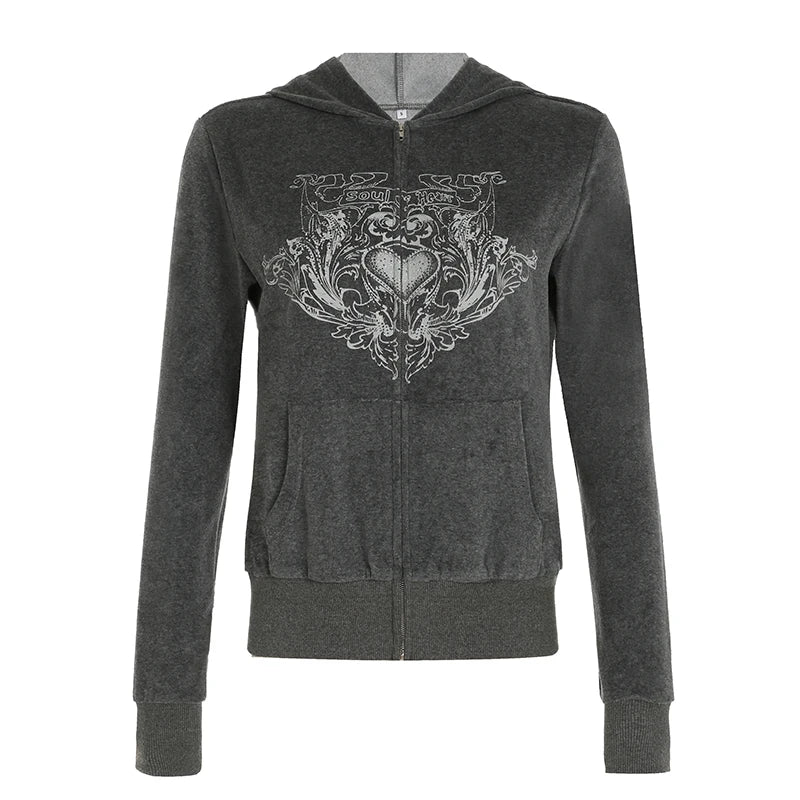 Y2K Graphic Print Zipper Jacket with Hooded Vintage Aesthetic Gray 2000s Women Coat Knitted Outwear Autumn Outfits