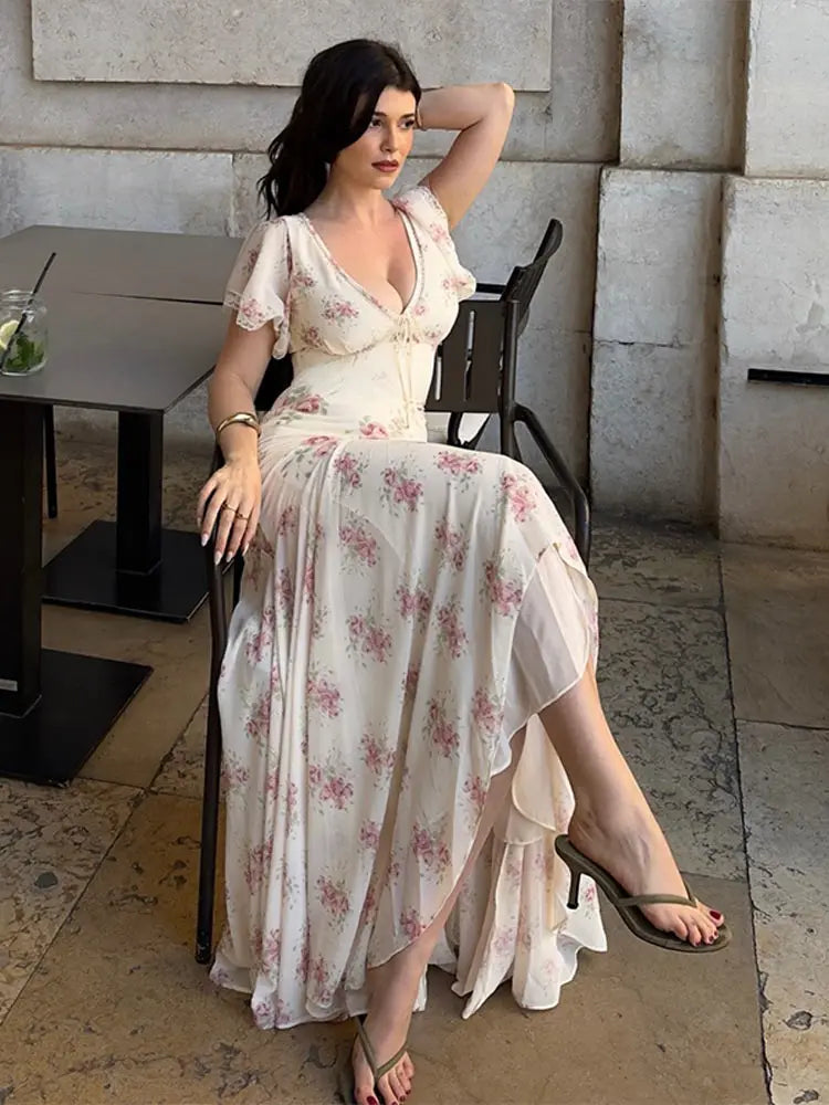 Fashion Women's Dress V-neck Short Sleeve Slim Female Print Floral Dresses Summer Sexy Elegant Holiday New Party Lady Robe