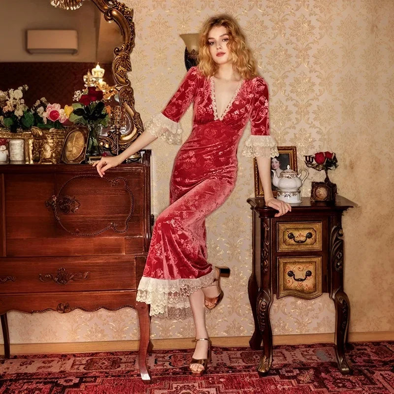 Lace Print Long Dress Women's Elegant V Neck Luxury Party Evening Gown High Waist Vintage Y2k Patchwork Dress Robe
