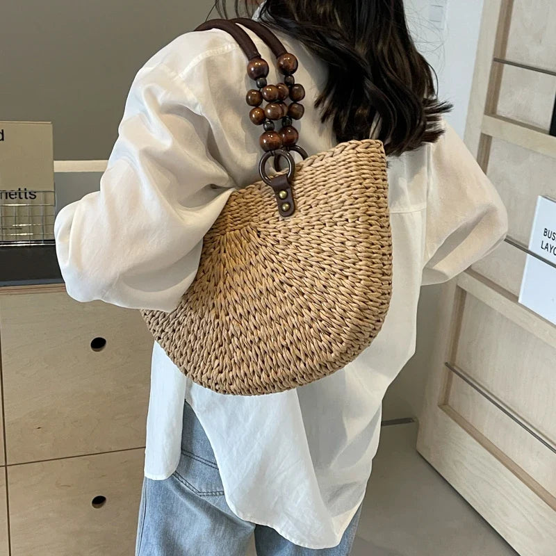 Khaki Straw Bag For Women Half Moon Design Beach Shoulder Bag With Short Handle Tote Summer Travel Handbag Fashion Handmade Bag