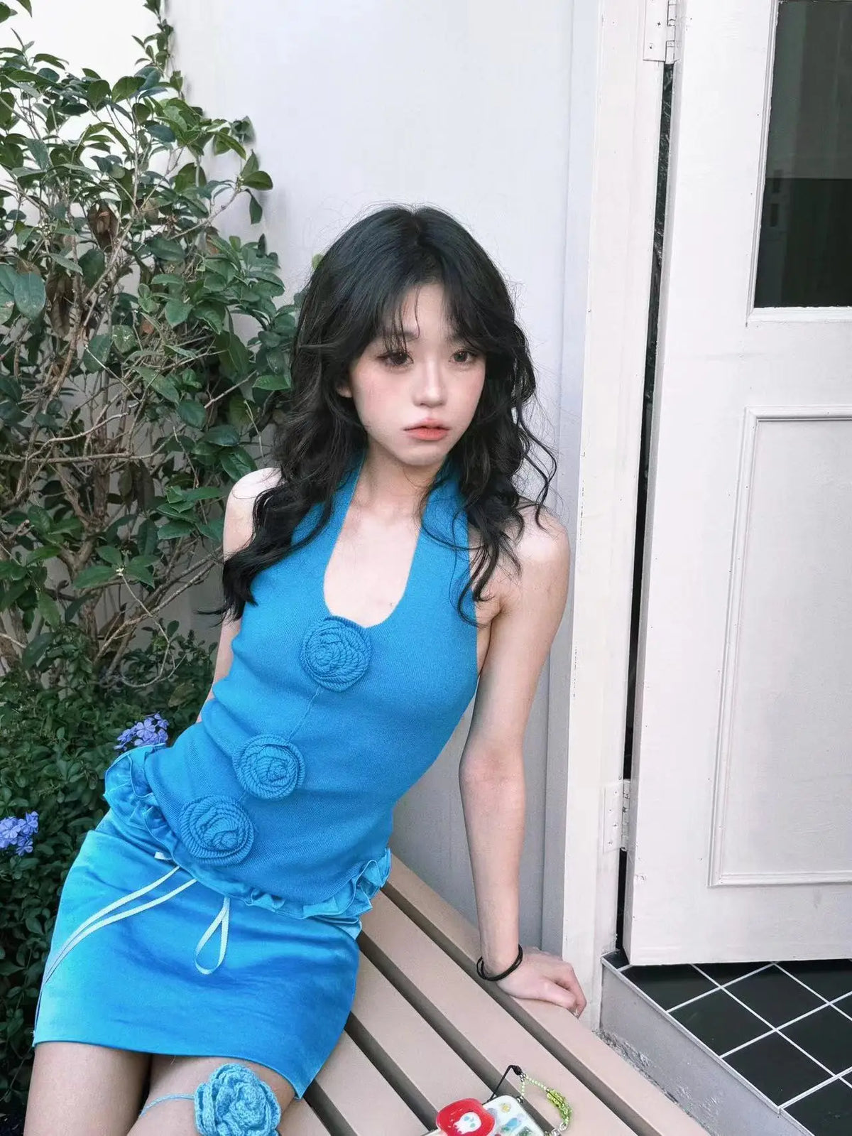 Women Blue Skirt Sets Vintage Mini Skirt and Off Shoulder Crop Top Y2k Elegant Suit 2000s New Matching Sets Clothes 2024 Summer