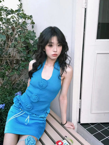Women Blue Skirt Sets Vintage Mini Skirt and Off Shoulder Crop Top Y2k Elegant Suit 2000s New Matching Sets Clothes 2024 Summer