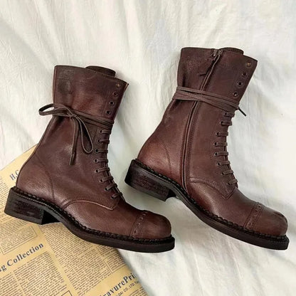 Designer Luxury Brand Martin Boots Women Side Zipper Mid Heel Lace-up Round Toe Female Shoes Runway Solid Color Motorcycle Boots