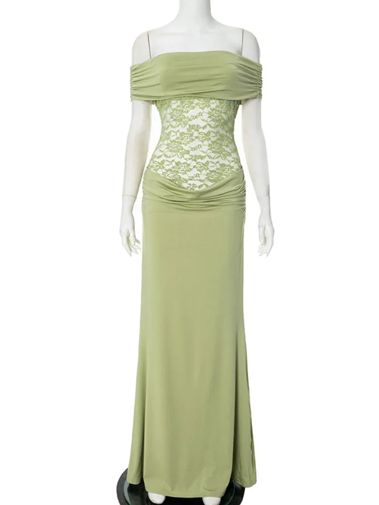 Off Shoulder Floral Lace Panel Ruched Bodycon Maxi Dress