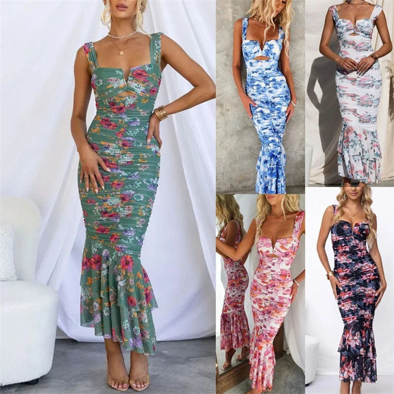 New Summer Printed Casual Sling Sleeveless Dress Zipper Slim-Fit Dress Pullover V-Neck Dress Vacation Women's Clothing