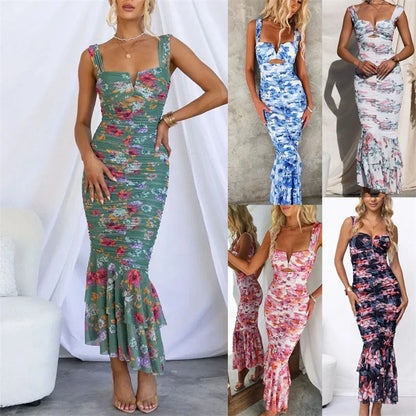 New Summer Printed Casual Sling Sleeveless Dress Zipper Slim-Fit Dress Pullover V-Neck Dress Vacation Women's Clothing