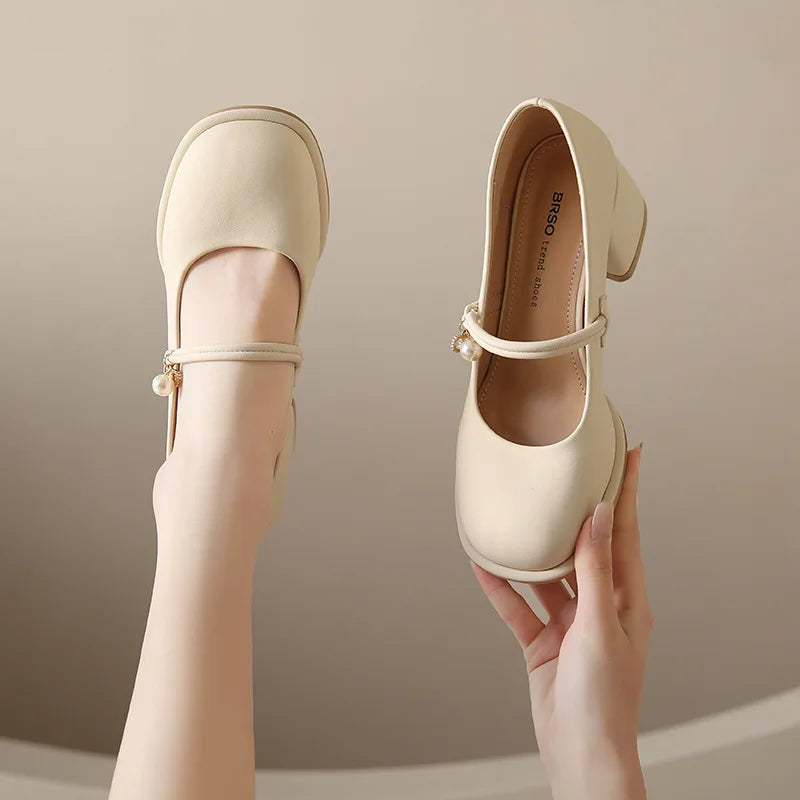 High Heel Leather Shoes Mary Jane Branded Pumps Chunky Sandals Shallow Mouth Clogs for Women Slip On Round Toe Latest Lolit