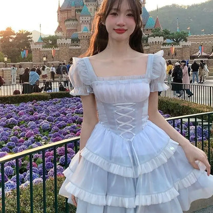 Japan Fashion White Mini Dresses Women French Stitching Wood Ears Lace Cross Lacing Up Short Sleeve Short Dress Holiday Clothin