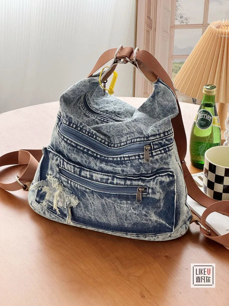 Korean Retro Washed Denim Women's Bag Spicy Girl One Shoulder Tote Student Fashion Versatile Backpack
