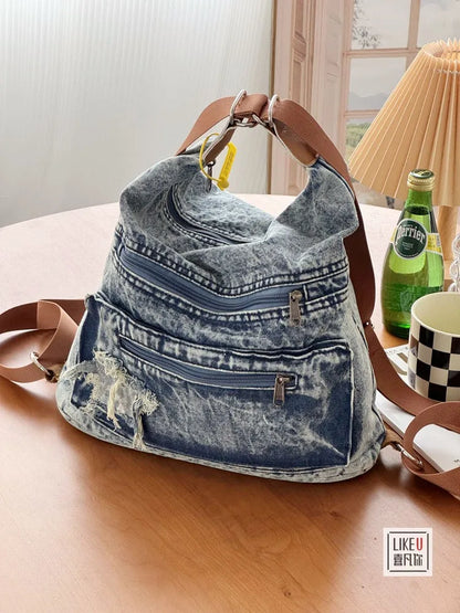 Korean Retro Washed Denim Women's Bag Spicy Girl One Shoulder Tote Student Fashion Versatile Backpack