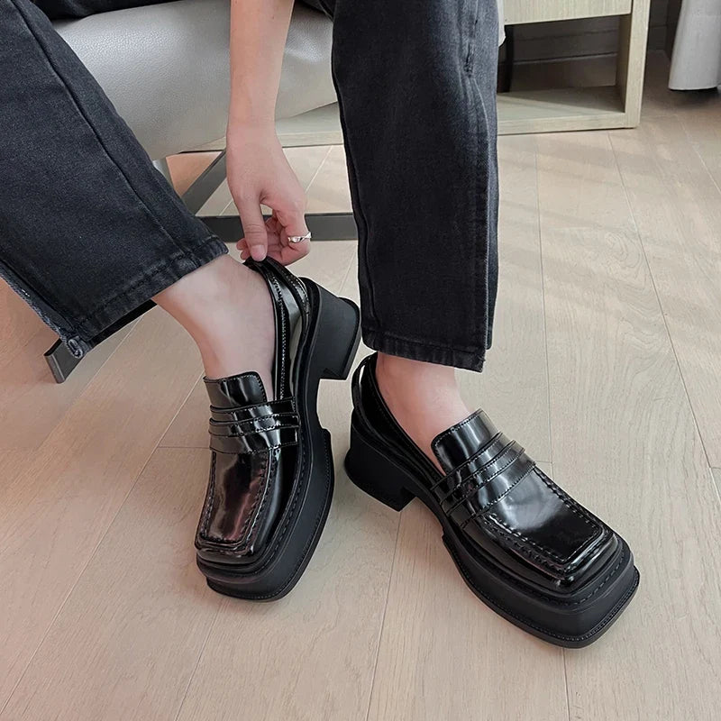 Slip On Loafers 6 CM Med Bottom Creepers Square Toe Platform Casual Shoes Vulcanized Footwear Cow Leather Loafer Shoes