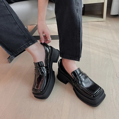 Slip On Loafers 6 CM Med Bottom Creepers Square Toe Platform Casual Shoes Vulcanized Footwear Cow Leather Loafer Shoes