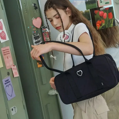 Women Y2k Shoulder Bags Large Capacity Heart Nylon Boston Handbag Korean Fashion Design Girls Casual Commuter Bag New