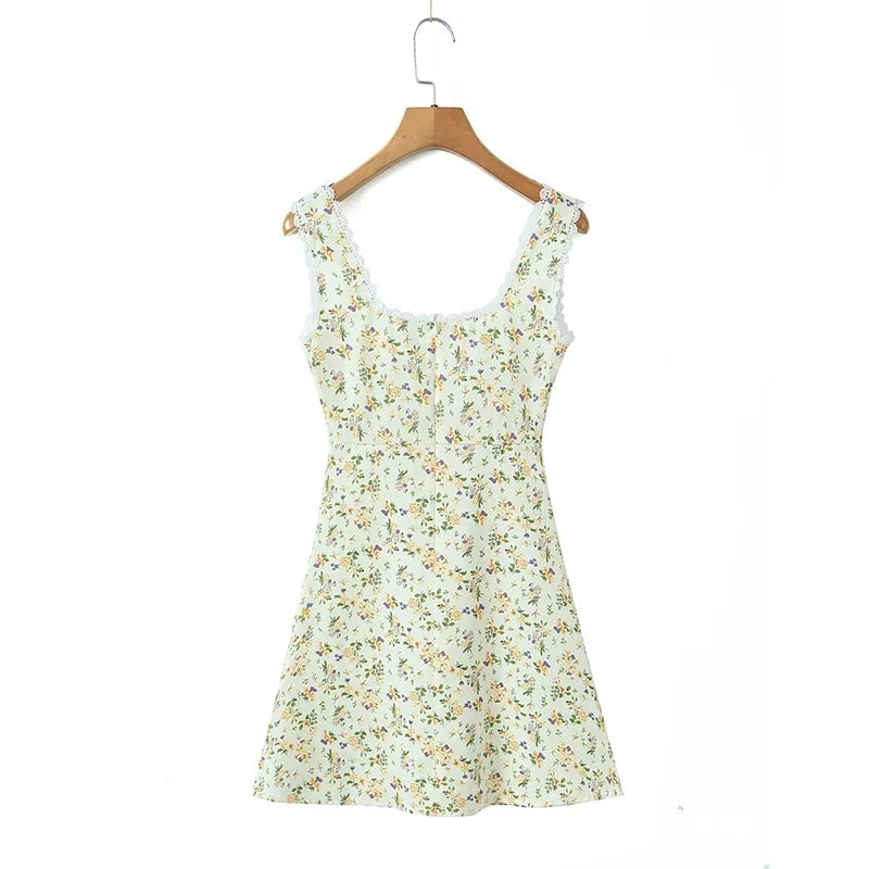 Lace Trim Floral Print Sleeveless Dress Elegant Square Neck Female Holiday Summer Tank Dress Short Robe