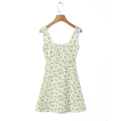 Lace Trim Floral Print Sleeveless Dress Elegant Square Neck Female Holiday Summer Tank Dress Short Robe