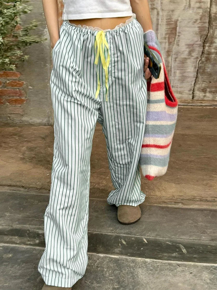 New Fashion Women Loose Pants Stripe Drawstring Elastic Waist Trousers Spring Summer Casual Sweatpants Hot Sale S M L