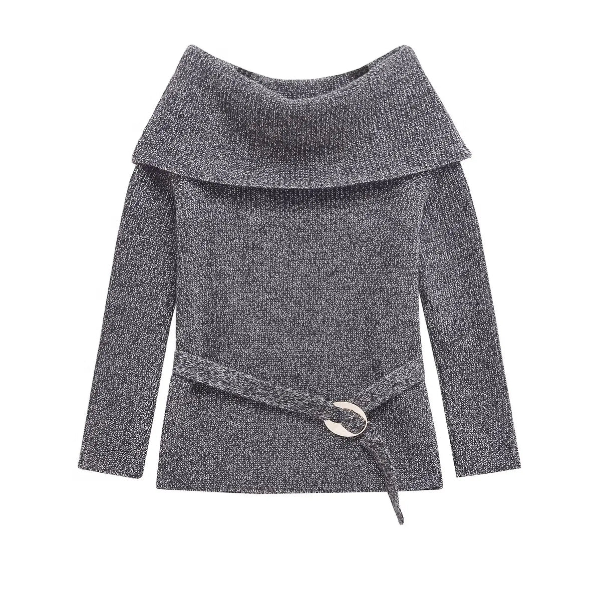 High Street Women Sexy Off Shoulder Knit Sweater Long Sleeve With Belt Slim Gray Pullover Female Autumn Winter Knitwear