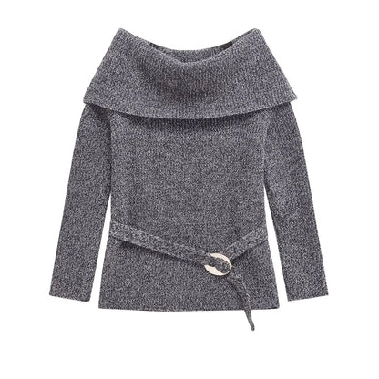 High Street Women Sexy Off Shoulder Knit Sweater Long Sleeve With Belt Slim Gray Pullover Female Autumn Winter Knitwear