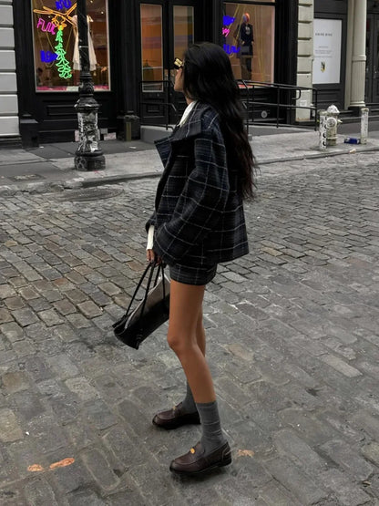 chic Plaid Lapel Women's Suit Jackets Casual Long Sleeved Pocket Single Breasted Coats Autumn Loose Office Commut Lady Outerwear