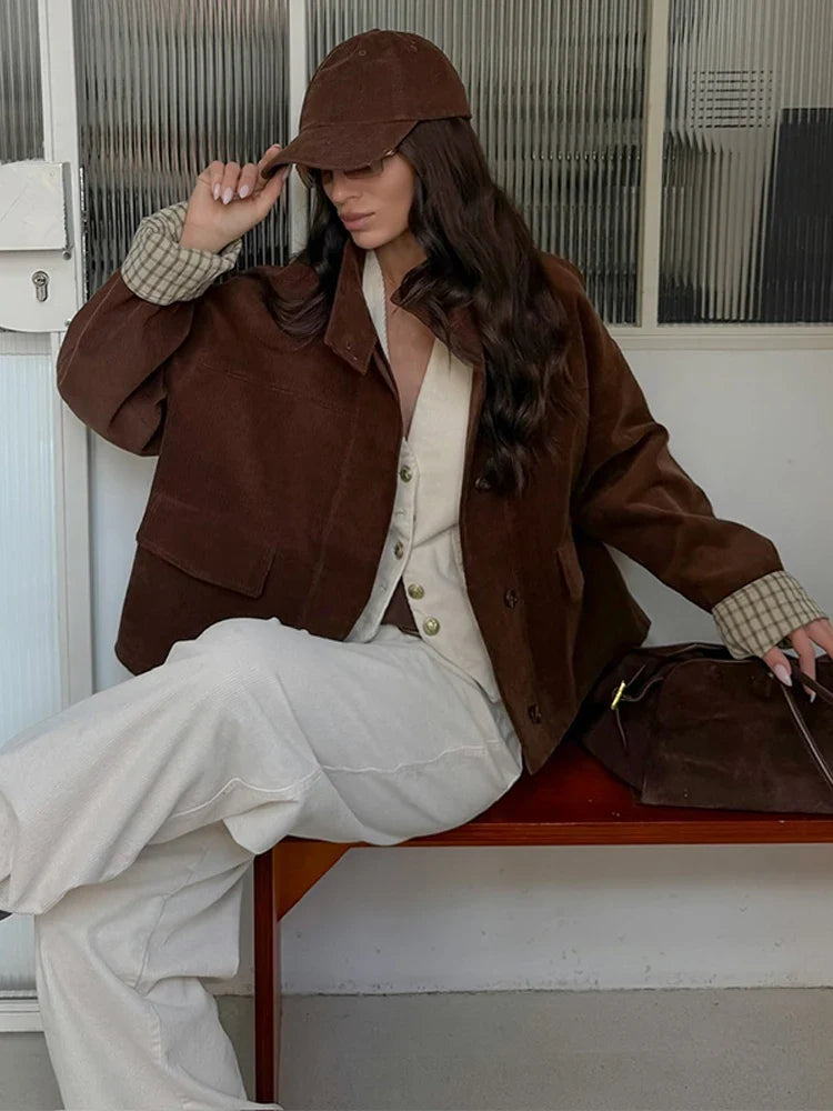 Autumn Chic Plaids Linen Solid Corduroy Coats Elegant Female Stand Collar Zipper Long Sleeves Jacket Fashion Lady Street Outwear
