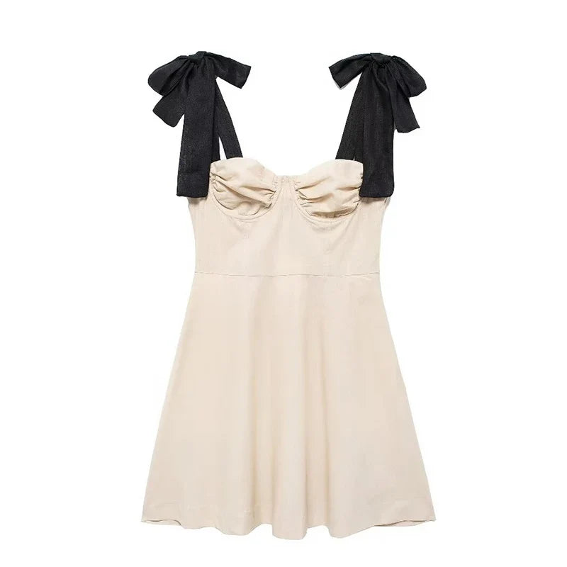 Elegant Bow Sling Mini Dress Women Sleeveless Backless High Waist Contrast A-line Party Dresses 2024 Summer New Chic Lady Robe