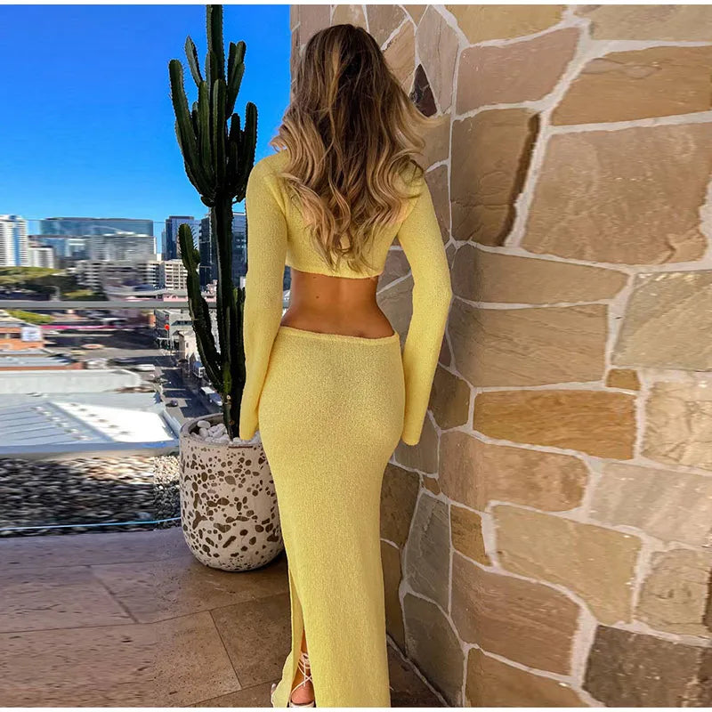 Crew Neck Cutout Twist Waist Side Slit Boucle Knit Maxi Dress