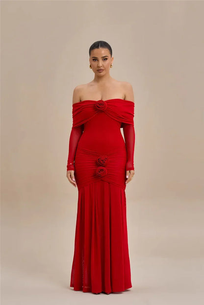 Off Shoulder Mesh Sleeve Ruched Rosette Applique Mermaid Maxi Dress