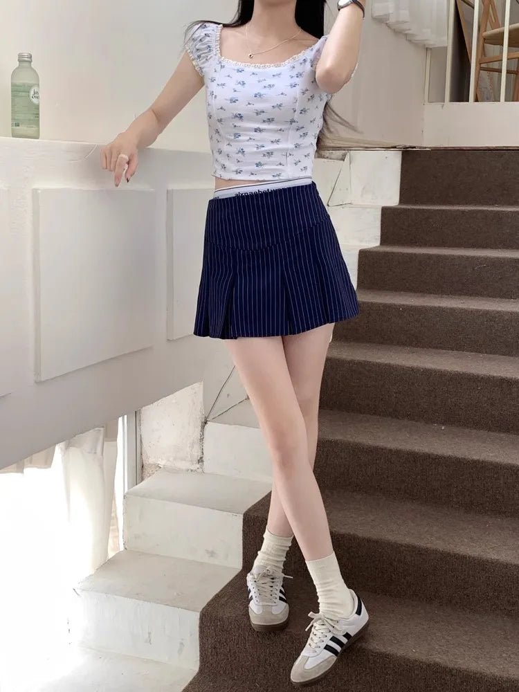 American Retro Stripe Mini Skirt Fake Two Pieces Patchwork High Waist Hip Wrap Skirt for Women Summer A-line Skirt New