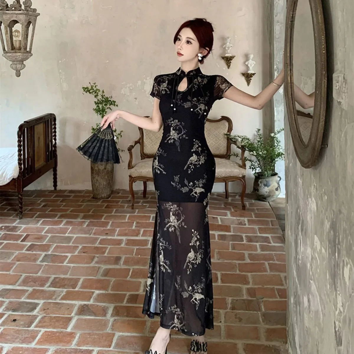 Vintage Chinese National Style Slimming Modified Cheongsam Dress Women's New Summer Chic Y2K Slim Elegant Split Long Dress