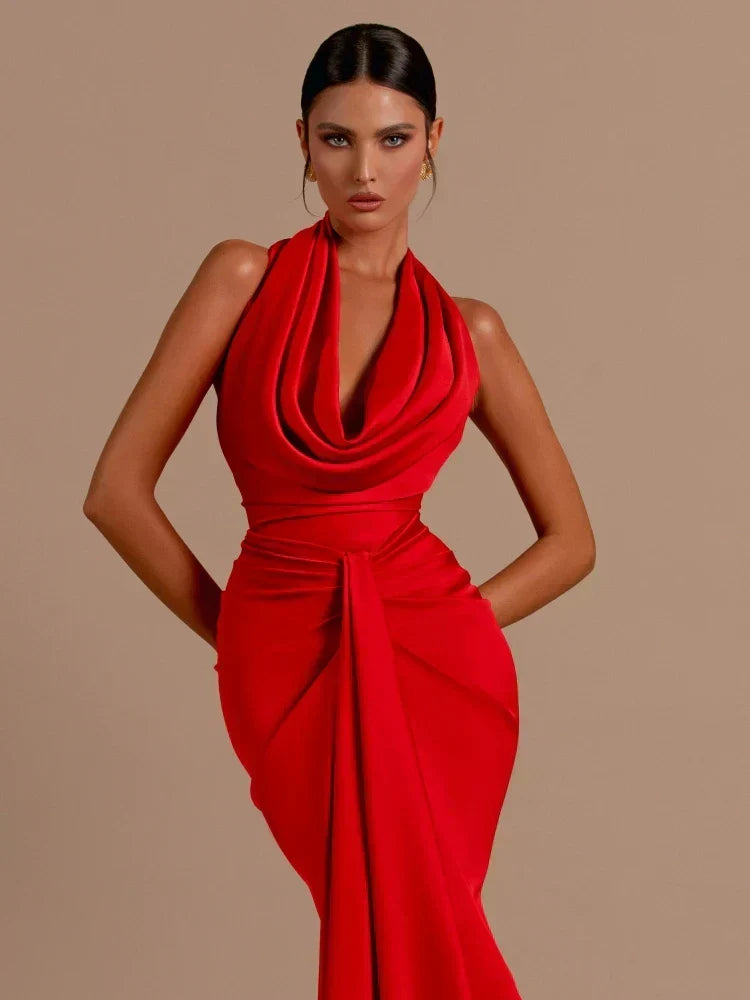 Halter Cowl Neck Waist Knot Draped Panel Maxi Gown