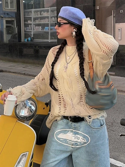 Twist Hollow Out Knit Sweater Women Chic O-neck Long Sleeve Loose Tassels Pullover Female 2025 Spring Solid Jumper Top Sweaters
