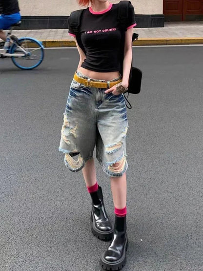 Women's Worn Out Distressed Personality Cropped Jeans Summer New Street Style Thin Denim Shorts Casual Female Knee Length Pants