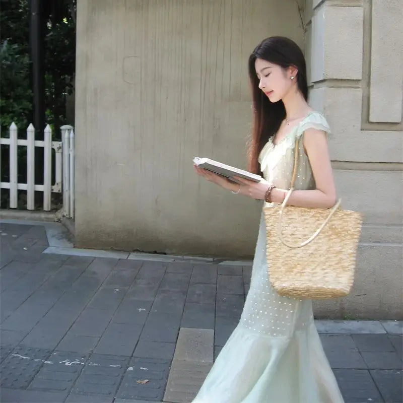 Ruffled V-neck Holiday Dress Fairy Green Yarn Patchwork Vestidos Summer Beading Sleeveless Slim Long Dresses Thin Z305
