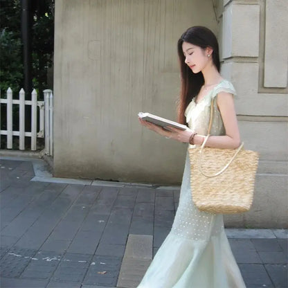 Ruffled V-neck Holiday Dress Fairy Green Yarn Patchwork Vestidos Summer Beading Sleeveless Slim Long Dresses Thin Z305