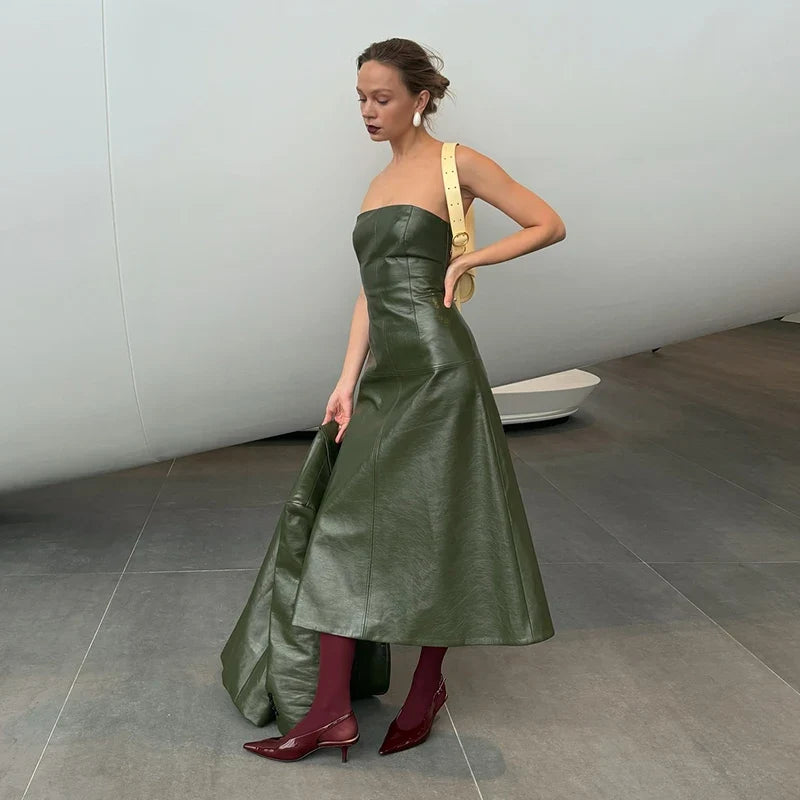 PU Leather Tube Dresses Suit Coat Women's Set Vintage Solid Slim Fit Long Dress Lapel Jackets Sets Female Chic Street Outfits