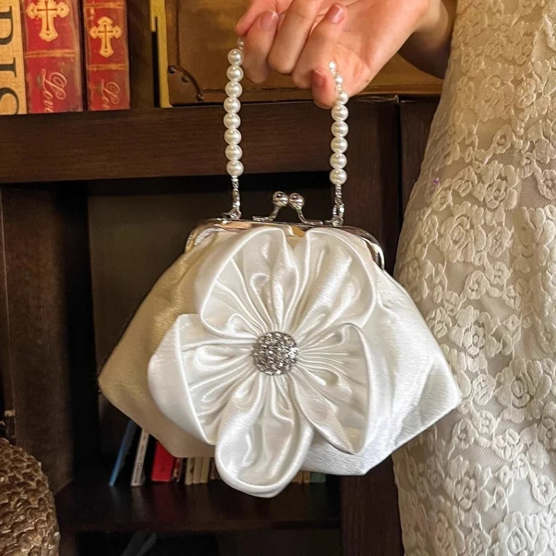 Fashion Sweet Patchwork Flower Top-Handle Bags Elegant Fairy Pearl Chain Purses and Handbags Y2k Aesthetic Office Lady Clutches