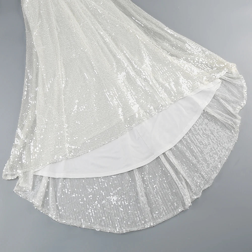 Halter Keyhole Rhinestone Trim Ruched Waist Sequin Mermaid Maxi Gown