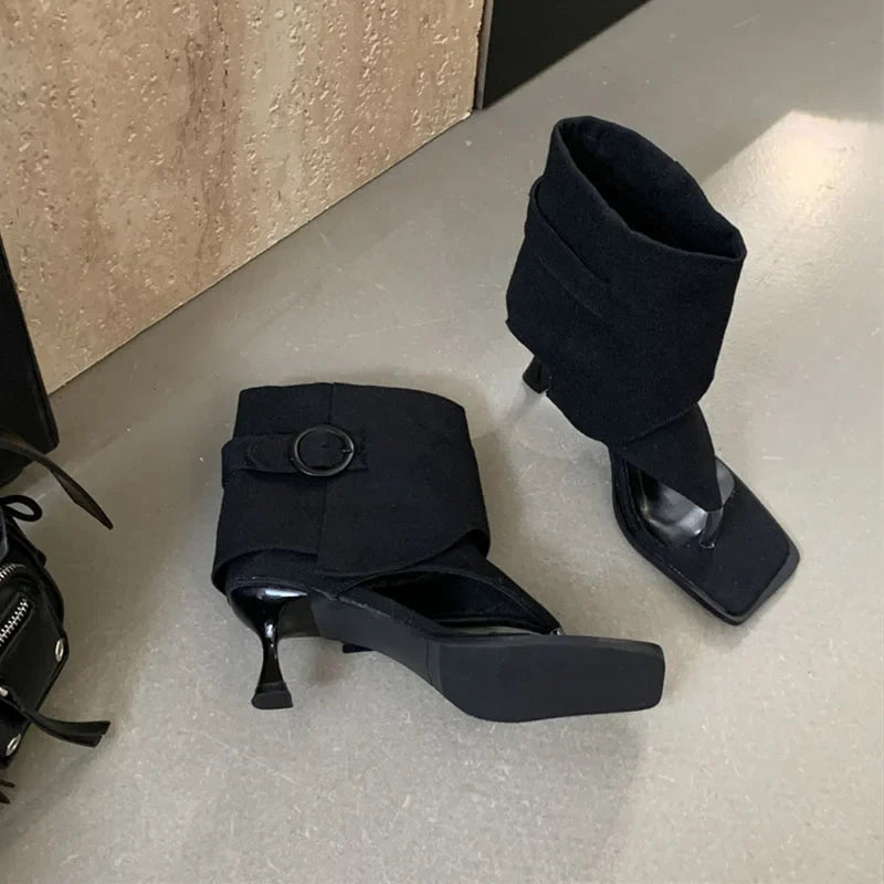 Autumn Black Women Ankel Boots Fashion Open Toe Sandal Shoes Thin High Heel Ladies Elegant Short Boots Dres Pumps Shoes
