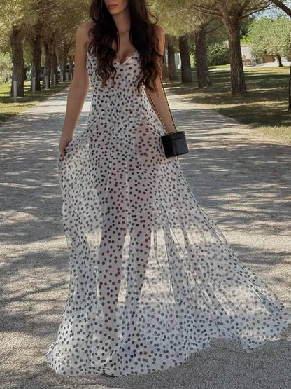 Women's Vintage Polka Dot Printed Midi Dress Summer Holiday Sleeveless Hem Transparent V-Neck Backless Casual Suspender Dress