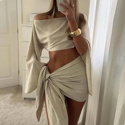 Summer Skew Collar Long Sleeve Blouse Top+Skirts Beach Outfits Sexy Asymmetric Dresses Suit Hawaii Vacation Two Piece Women Set