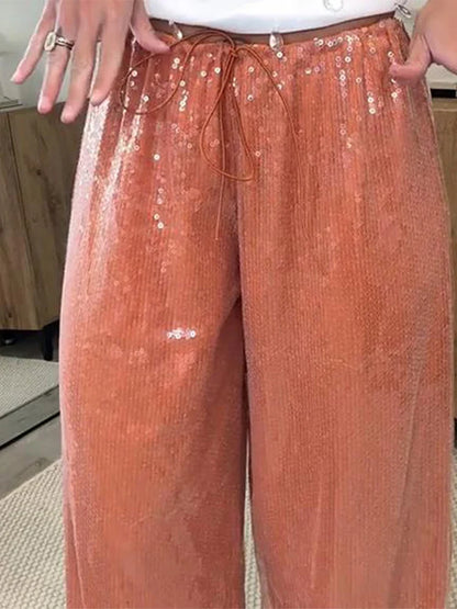 Loose Solid Color Sequin Pants Woman Cinched Waist Glitter Straight Baggy Long Pants Casual Street Chic Sparkle Women's Trousers