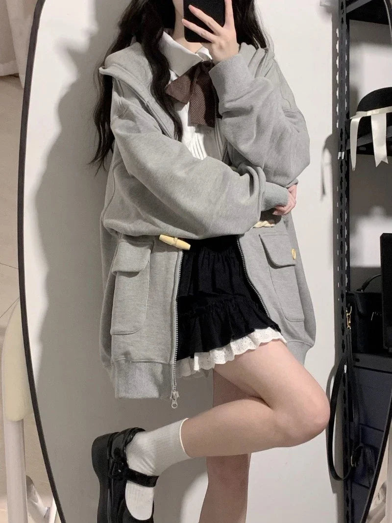 Women's Cardigan Hooded Sweatshirt Cute Loose Coat Zipper Spring Autum Long Sleeves Buttons Pockets Solid Color Tops Jacket