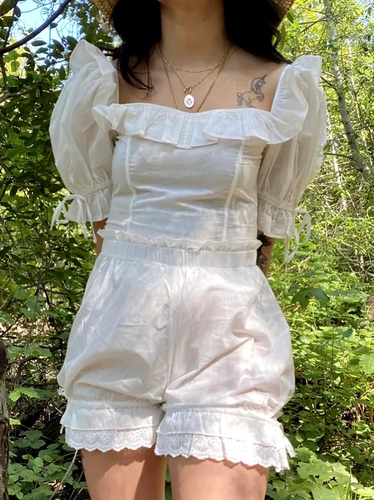 White Elegant Chic Short Set Cotton French Style Cropped Top Short 2 Piece Set Ruffles Backless Summer Casual Outfit