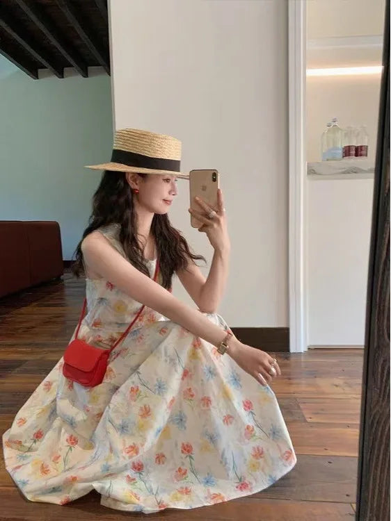 Gradient Floral Print Sleeveless Vest Dress Women's Summer Casual Cotton Long Dress Commute Style A-Line Silhouette