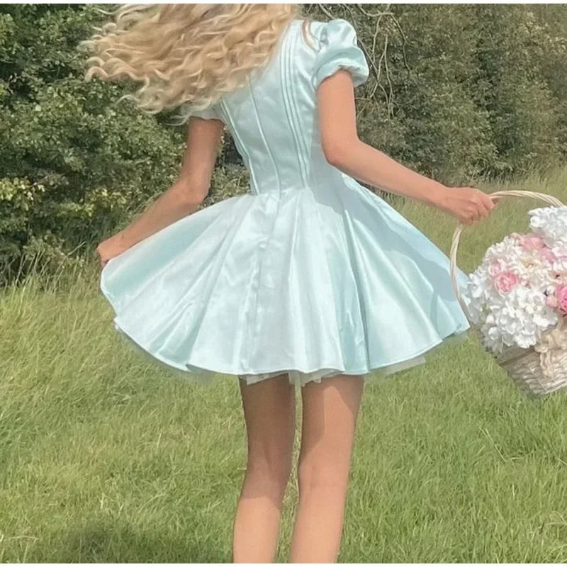 Women Elegant Satin Solid Lace Up Pleated Hem Dresses Chic V-neck High Waist A-line Mini Dress 2024 New Lady Evening Party Prom