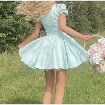 Women Elegant Satin Solid Lace Up Pleated Hem Dresses Chic V-neck High Waist A-line Mini Dress 2024 New Lady Evening Party Prom