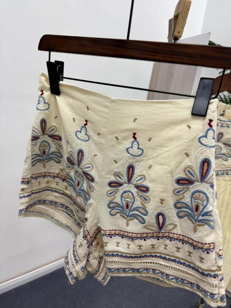 Floral Embroidered 2 Piece Short Sleeve Loose Top High Waist Summer Bohemian Beach Vacation Resort Loungewear Co-ord Set