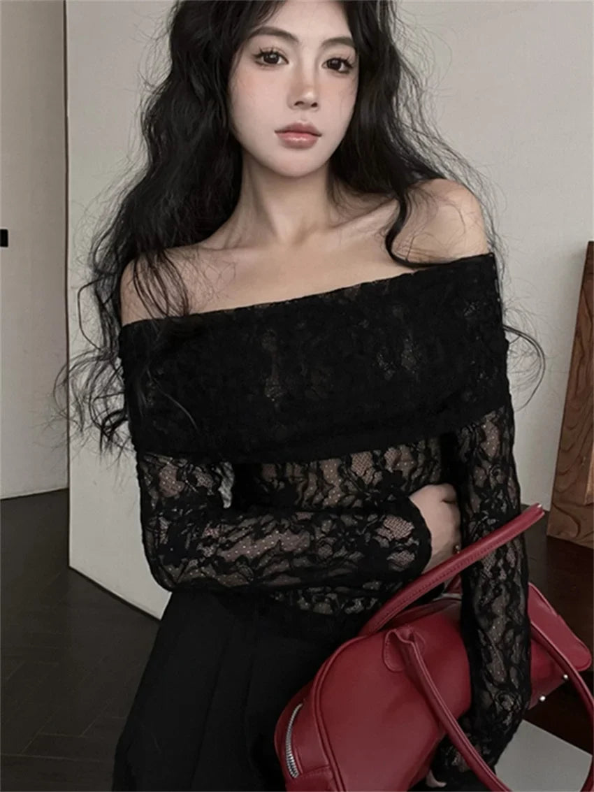 Spring Hot Girls Tees Sweaters Women Slash Neck Lace Hollow Out Slim 2024 Sweet New Sexy Off Shoulders Knitted