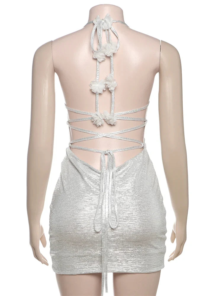 Sexy Backless Tassel Dress Women Cross Lace-Up Halter Appliques Sleeveless Solid Skinny Midnight Club Party Mini Bodycon