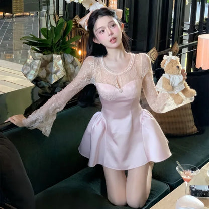 Woman Dress Spring Fashion Flare Long Sleeve Lace Patchwork Hollow Out Slim Elegant Party Mini Dresses Female Princess